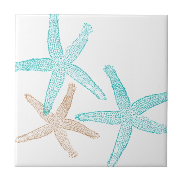Three Starfish Teal and Tan Tile (Front)