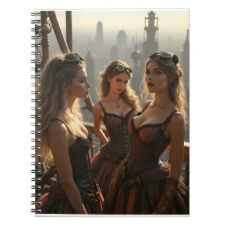 Three Steampunk Women Stand Atop a Victorian City Notebook