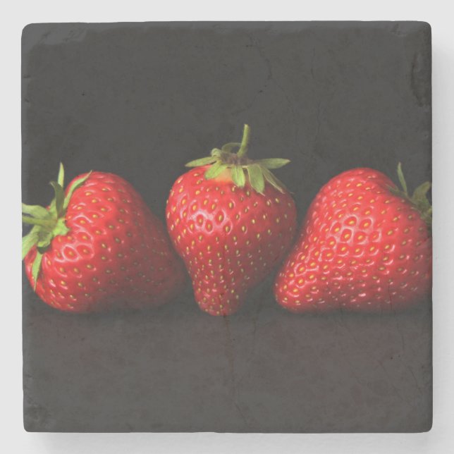 Three Strawberries On Black coastera Stone Coaster (Front)
