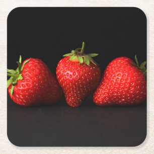 Three Strawberries On Black coastercna Square Paper Coaster