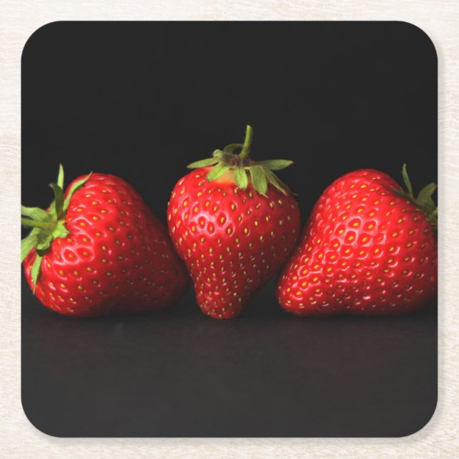 Three Strawberries On Black coastercna Square Paper Coaster (Front)