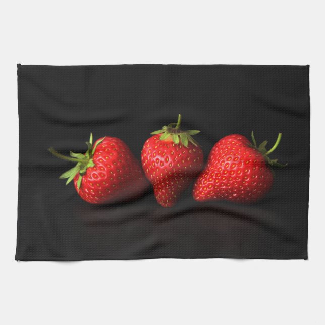Three Strawberries On Black ktcna Tea Towel (Horizontal)
