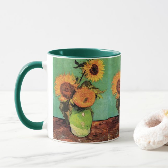 Three Sunflowers in a Vase by Vincent van Gogh Mug (With Donut)