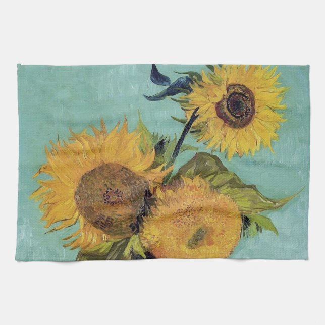 Three Sunflowers in a Vase(F453) Van Gogh Fine Art Tea Towel (Horizontal)