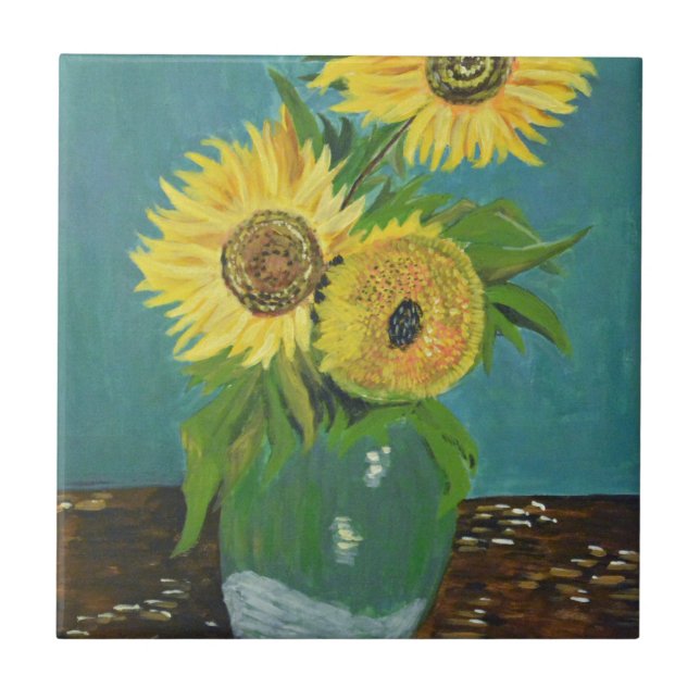 Three Sunflowers in a Vase, van Gogh Tile (Front)