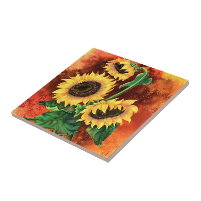 Three Sunflowers Painted Ceramic Tile (Side)