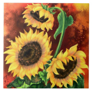 Three Sunflowers Painted Tile