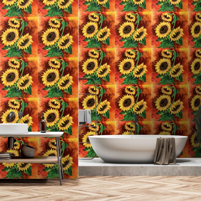 Three Sunflowers Painting Wallpaper (Bathroom)