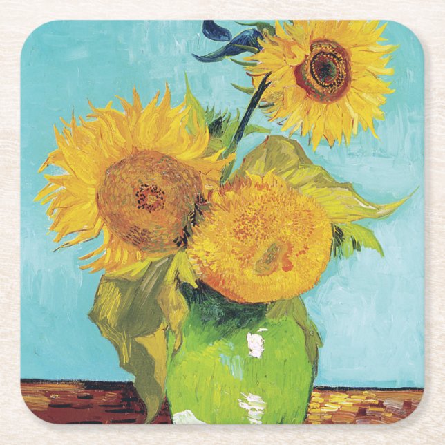 Three Sunflowers, Van Gogh Square Paper Coaster (Front)
