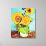 Three Sunflowers | Vincent Van Gogh Canvas Print<br><div class="desc">Three Sunflowers (1888) by Dutch artist Vincent Van Gogh. Original fine art painting is an oil on canvas depicting a still life of bright yellow sunflowers against a turquoise background. 

Use the design tools to add custom text or personalize the image.</div>