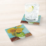 Three Sunflowers | Vincent Van Gogh Glass Coaster<br><div class="desc">Three Sunflowers (1888) by Dutch artist Vincent Van Gogh. Original fine art painting is an oil on canvas depicting a still life of bright yellow sunflowers against a turquoise background. 

Use the design tools to add custom text or personalise the image.</div>