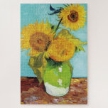 Three Sunflowers | Vincent Van Gogh Jigsaw Puzzle<br><div class="desc">Three Sunflowers (1888) by Dutch artist Vincent Van Gogh. Original fine art painting is an oil on canvas depicting a still life of bright yellow sunflowers against a turquoise background. 

Use the design tools to add custom text or personalize the image.</div>