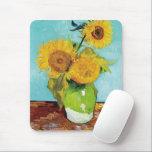 Three Sunflowers | Vincent Van Gogh Mouse Mat<br><div class="desc">Three Sunflowers (1888) by Dutch artist Vincent Van Gogh. Original fine art painting is an oil on canvas depicting a still life of bright yellow sunflowers against a turquoise background. 

Use the design tools to add custom text or personalise the image.</div>
