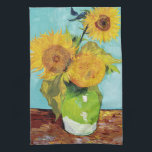 Three Sunflowers | Vincent Van Gogh Tea Towel<br><div class="desc">Three Sunflowers (1888) by Dutch artist Vincent Van Gogh. Original fine art painting is an oil on canvas depicting a still life of bright yellow sunflowers against a turquoise background. 

Use the design tools to add custom text or personalise the image.</div>