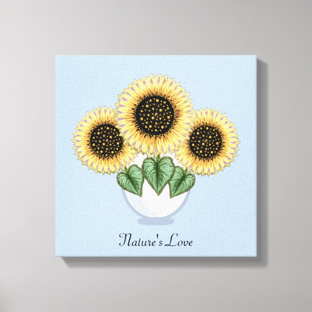 Three Sunflowers with Heart Leaves in a Vase Canvas Print (Front)