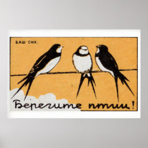 Three Swallows Matchbox Art Print, Russian Vintage Poster