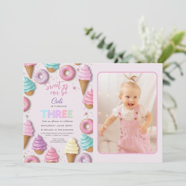 THREE Sweet As Can Be Girl 3rd Birthday  Invitation (Standing Front)