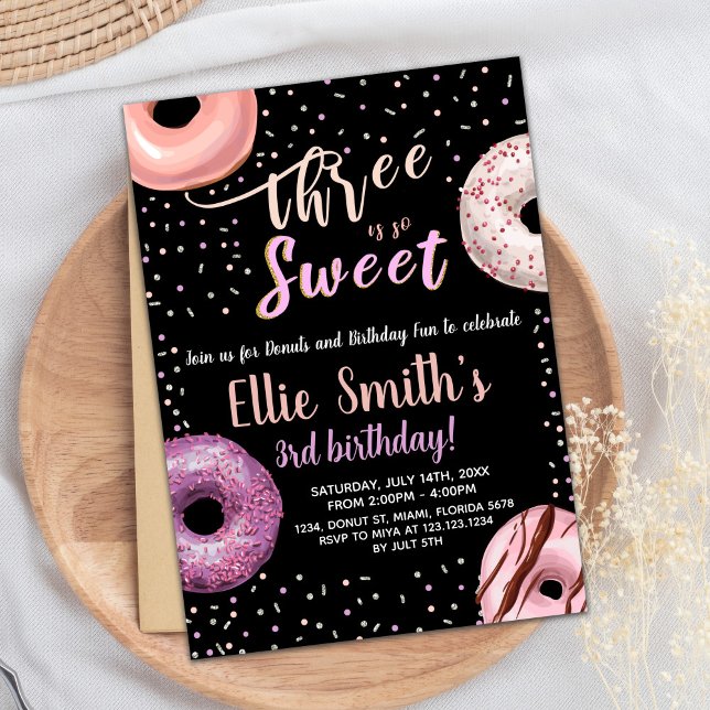 Three Sweet Black Doughnut Birthday Invitations (Three Sweet Black Donut Birthday Invitations)