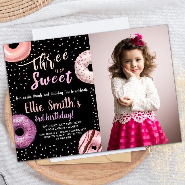 Three Sweet Black Photo Doughnut Birthday Invitati Invitation (Three Sweet Black Photo Donut Birthday Invitations)