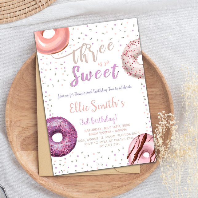 Three Sweet Doughnut Birthday Invitation (Three Sweet Donut Birthday Invitations)