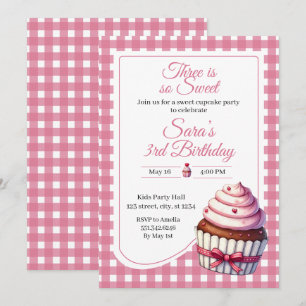 Three Sweet Pink Cupcake Girl 3rd Birthday Party Invitation