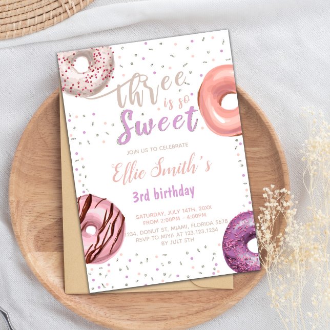 Three Sweet Pink Donut Birthday Invitations (Three Sweet Pink Donut Birthday Invitations)
