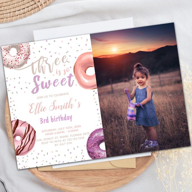 Three Sweet Pink Donut Birthday Invitations photo (Three Sweet Pink Donut Birthday Invitations photo)