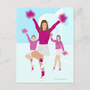 Three teenage cheerleaders holding pom poms 2 postcard