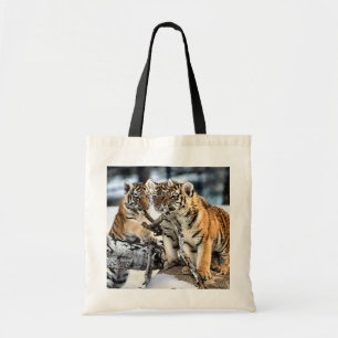 Three Tiger Cubs In Snow Art Gifts Tote Bag