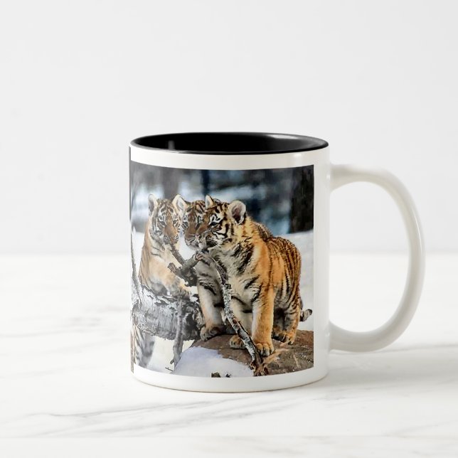 Three Tiger Cubs In Snow Art Gifts Two-Tone Coffee Mug (Right)