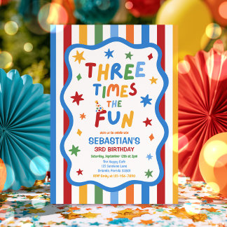 Three Times The Fun Colourful Boy 3rd Birthday Invitation
