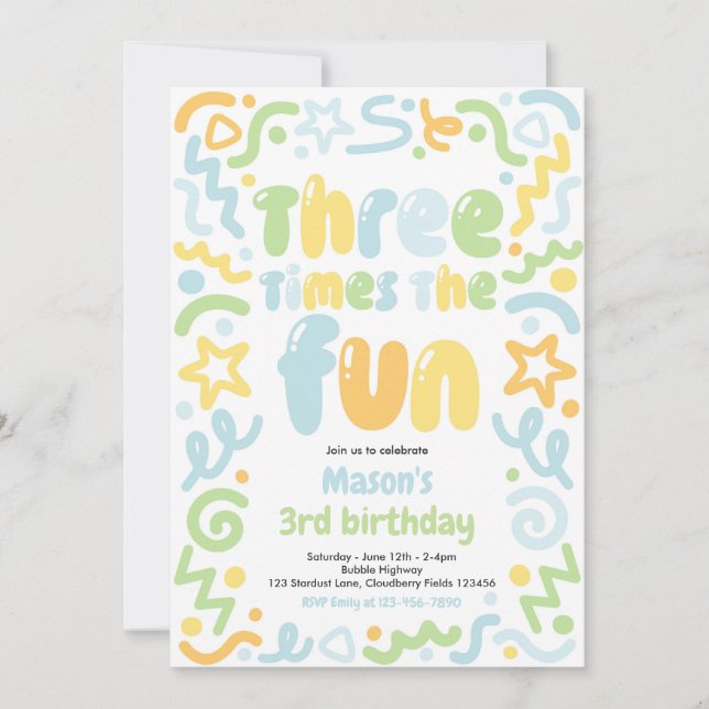 Three Times The Fun Confetti Balloon 3rd Birthday  Invitation (Front)