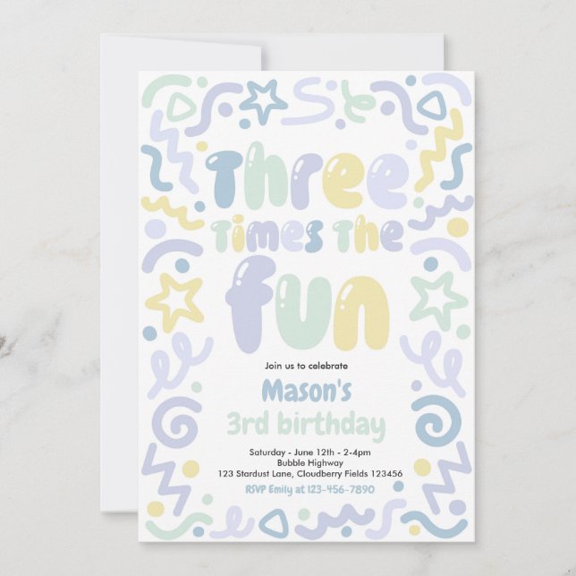 Three Times The Fun Confetti Balloon 3rd Birthday  Invitation (Front)