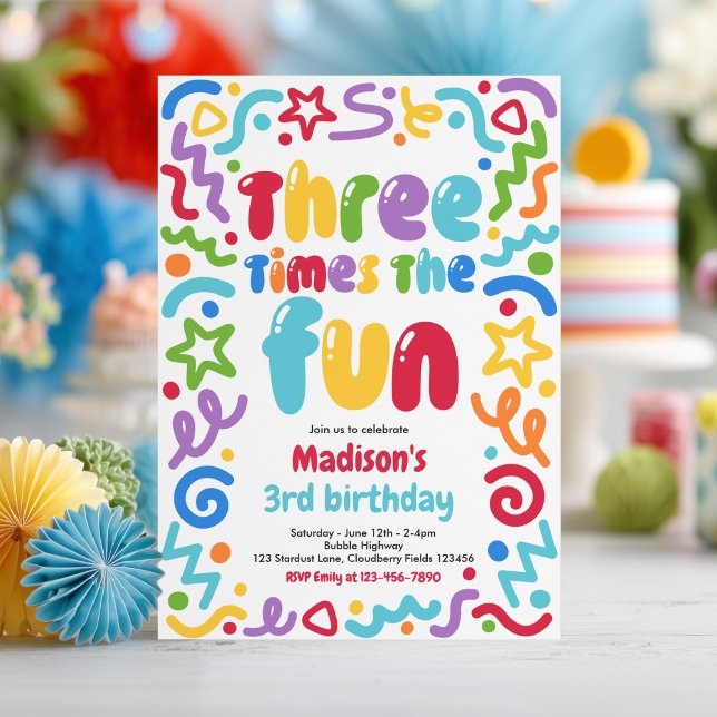 Three Times The Fun Confetti Balloon 3rd Birthday  Invitation (Creator Uploaded)