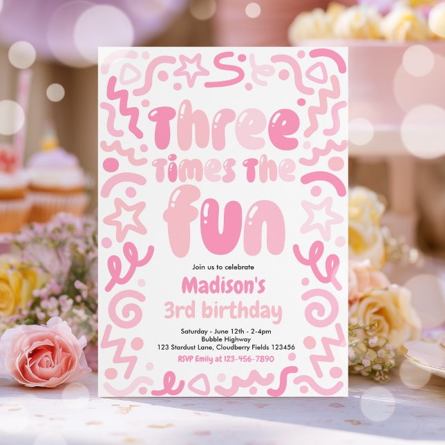 Three Times The Fun Confetti Balloon 3rd Birthday  Invitation (Creator Uploaded)