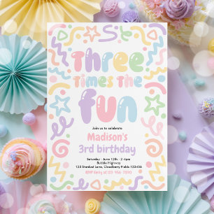 Three Times The Fun Confetti Balloon 3rd Birthday  Invitation
