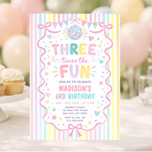 Three Times the Fun Pastel Stripes Girly Birthday Invitation