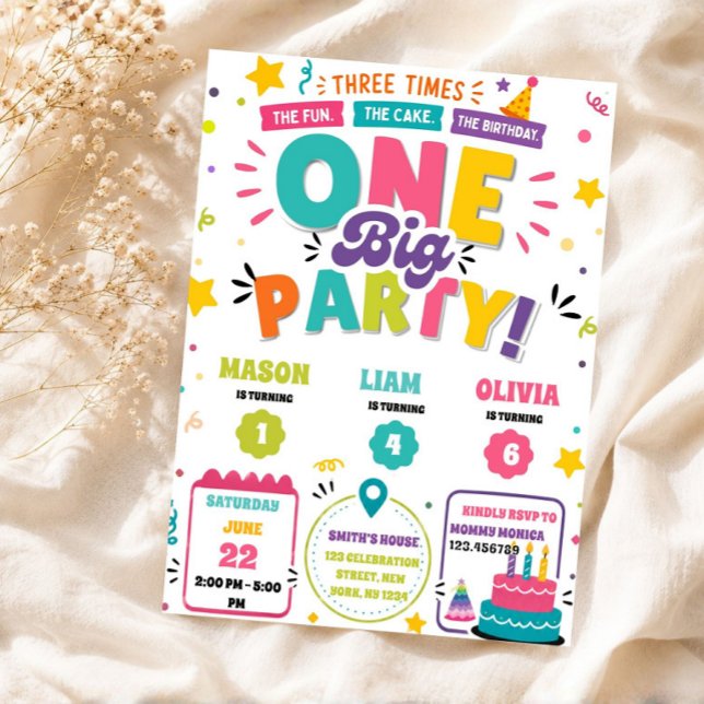 Three Times the Fun Triple Joint Birthday Invitation (Triple Birthdays Invite)