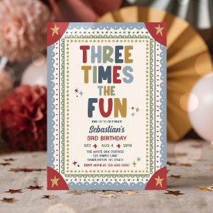 Three Times The Fun Whimsical Boy 3rd Birthday Invitation