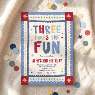 Three Times The Fun Whimsical Boy 3rd Birthday Invitation