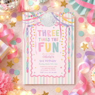 Three Times The Fun Whimsical Girl 3rd Birthday Invitation