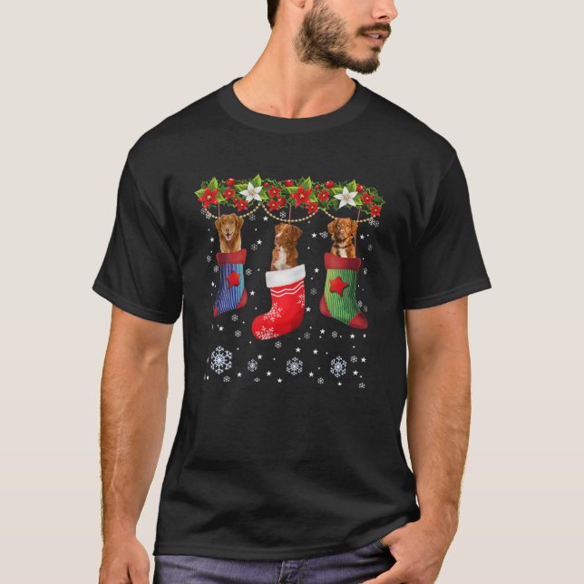 Three Toller Dog In Sock Christmas Santa Hat Xmas T-Shirt (Front)