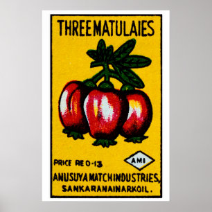 Three Tomatoes Matchbox Art Print, Indian Vintage Poster