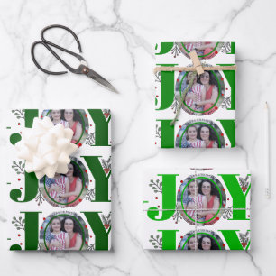 Three tone green Joy Christmas holiday photo Wrapping Paper Sheet