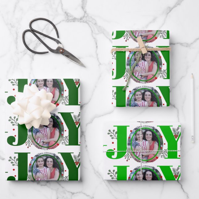 Three tone green Joy Christmas holiday photo Wrapping Paper Sheet (Front)