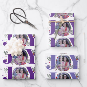 Three tone purple Joy Christmas holiday photo Wrapping Paper Sheet