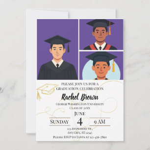 Three Top Photos with Line Art Graduation Invitation
