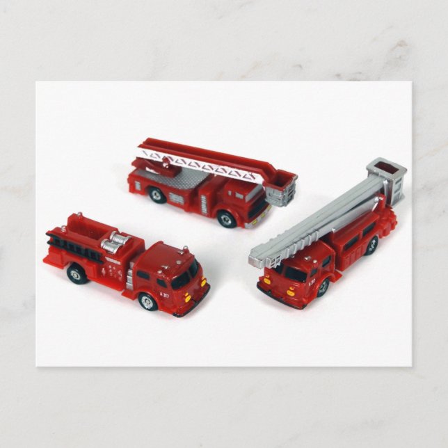 THREE TOY FIRE ENGINES POSTCARD (Front)