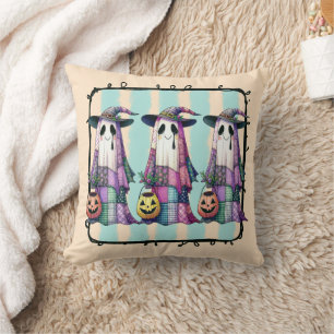 Three Trick-or-Treating Ghosts in Witches Hats Cushion
