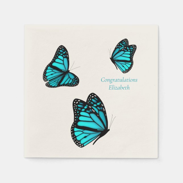 three turquoise butterflies personalised cocktail napkin (Front)